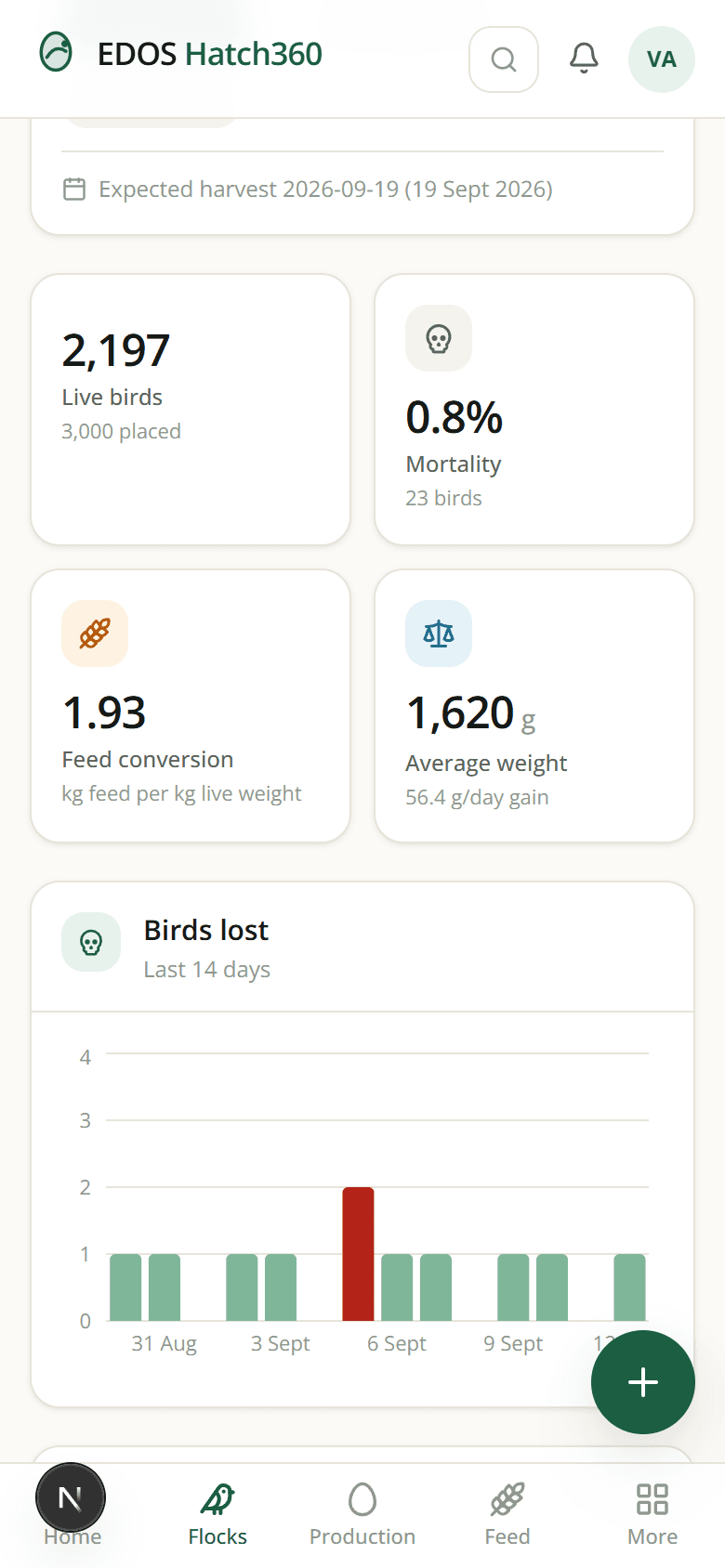 A flock profile on a phone showing its life-cycle timeline, live bird count, mortality percentage and weight