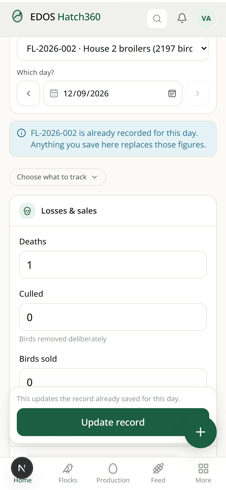 The daily recording screen on a phone, with large numeric fields for deaths, culls and birds sold